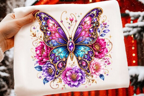 Ornate Jeweled Butterfly & Flower PNG: Design Assets