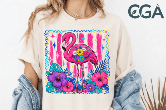 Tropical Charm: The Pink Flamingo Floral Retro Preppy Png